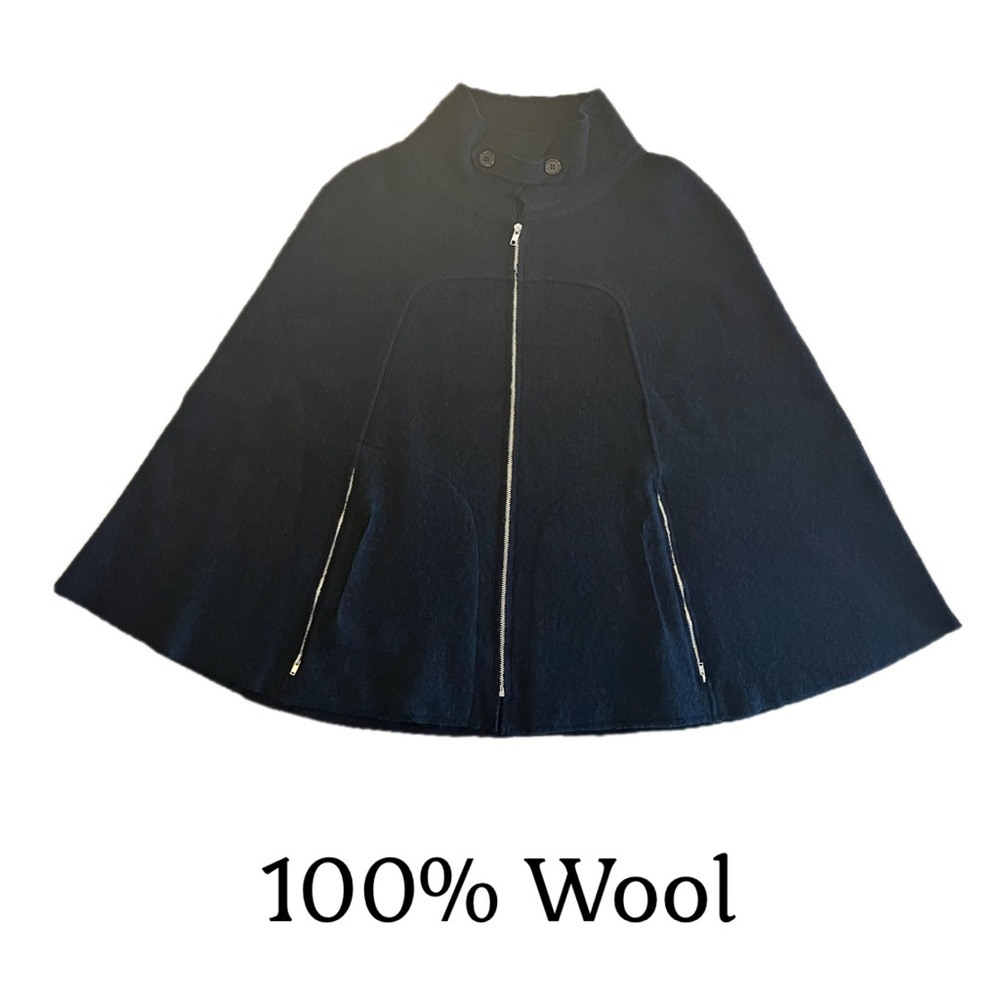 Michael Simon Zip Up Wool Cape with Zipped Pockets & Removable Neck Tab XL